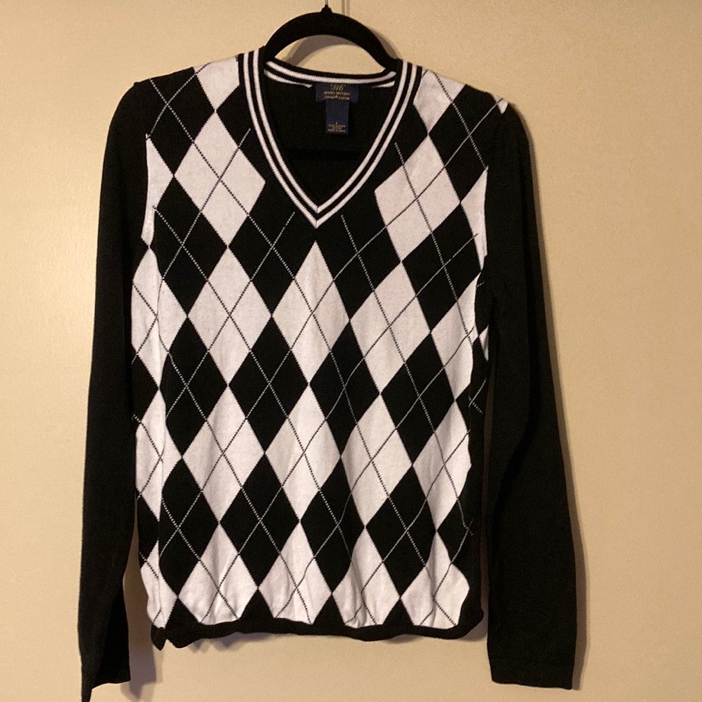 Brooks Brothers Black and White Argyle V-Neck Sweater